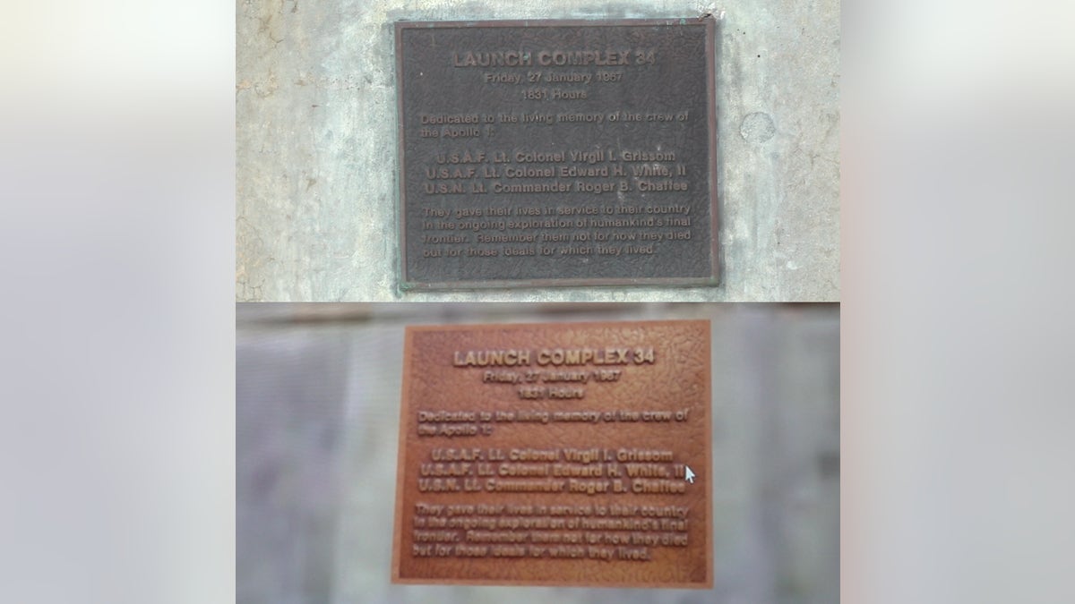 A plaque honoring the three astronauts killed in the Apollo 1 fire on Launch Complex 34. The bottom photo shows the plaque as scanned by USF's 3D imaging.