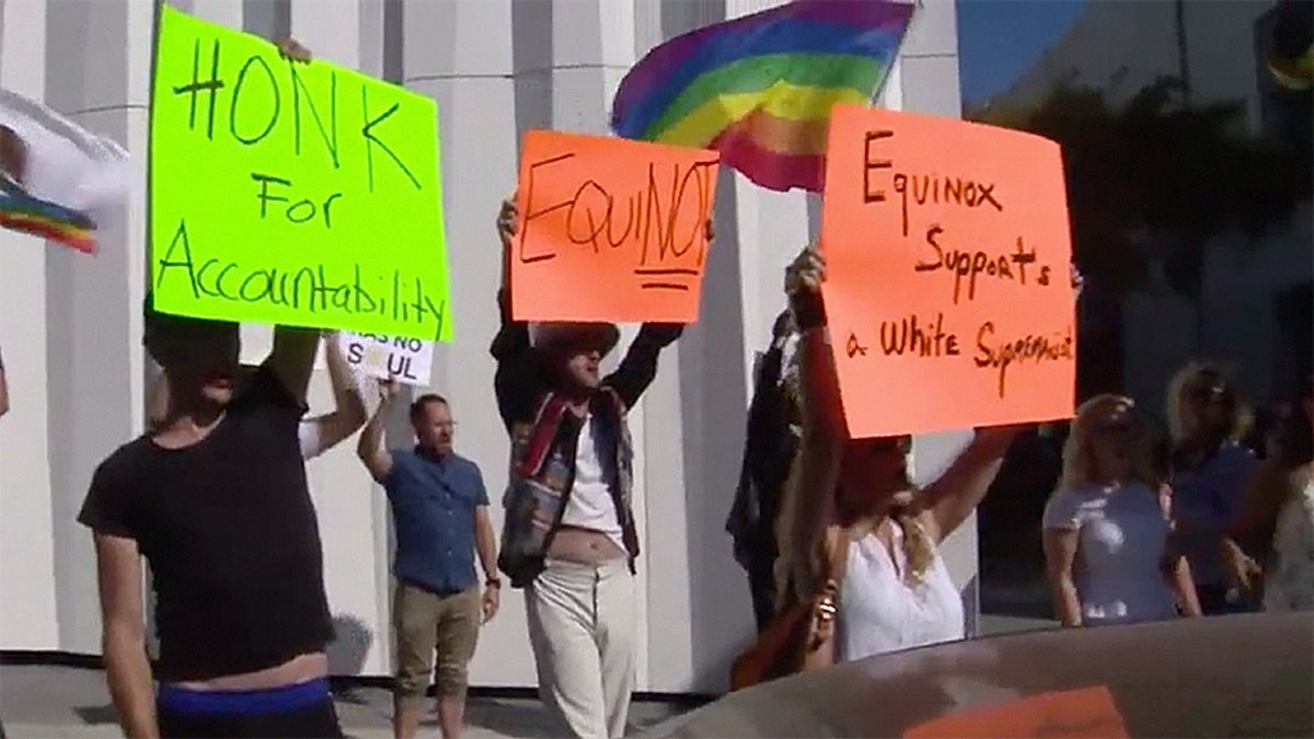 Protesters outside the Equinox gym in West Hollywood, Calif., Friday.