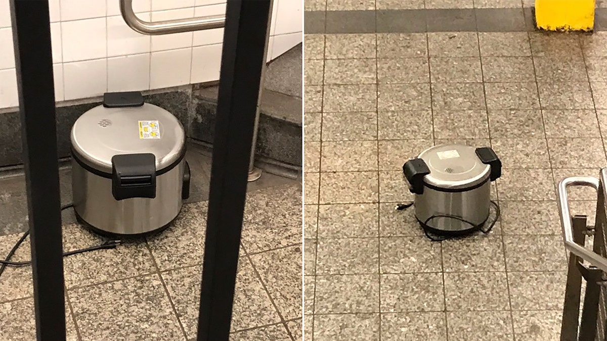 This photo provided by NYPD shows a suspicious object which looks like a pressure cooker or electric crockpot on the floor of the New York City Subway platform on Friday, Aug. 16, 2019 in New York.