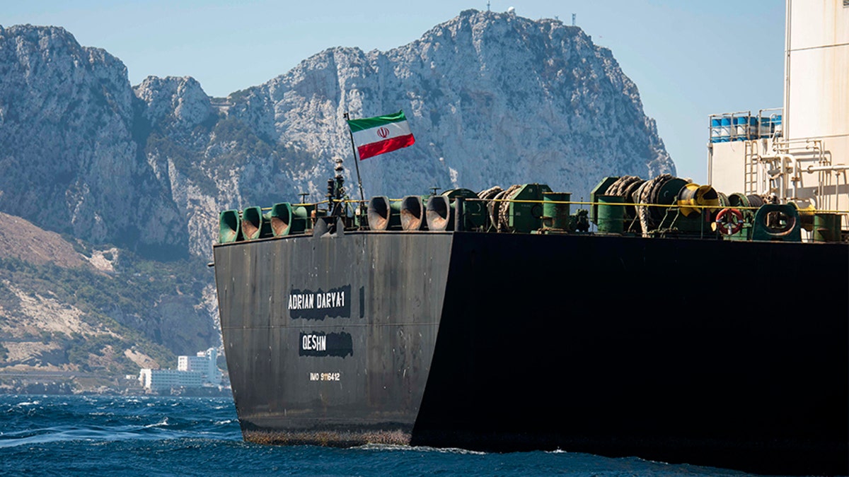 The renamed Adrian Aryra 1 supertanker is pictured sailing in the waters in the British territory of Gibraltar on Sunday. (AP)