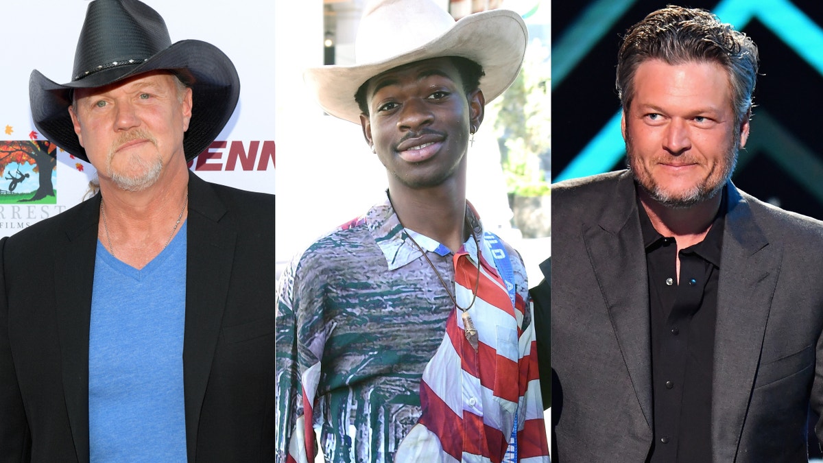 Trace Adkins is pictured with Lil Nas X and Blake Shelton. In Adkins' and Shelton's duet, 