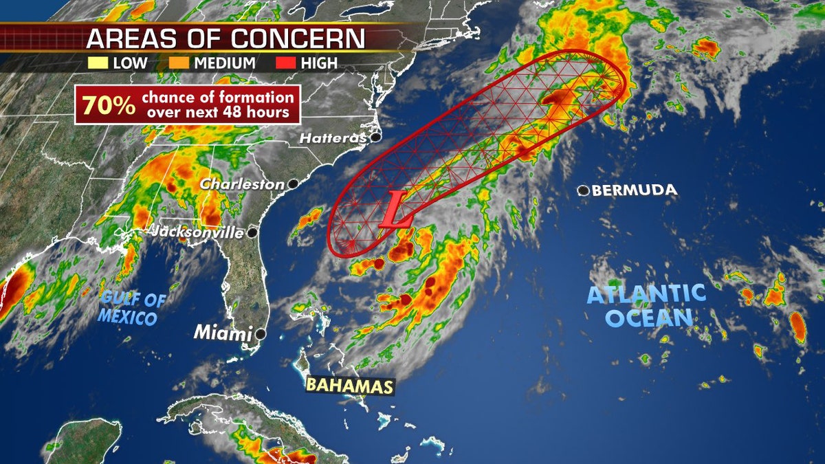 An area of low pressure off the Southeast coast could also develop over the next few days, but is not expected to affect land and only create swells and rip current along the East Coast, according to Fox News Senior Meteorologist Janice Dean.