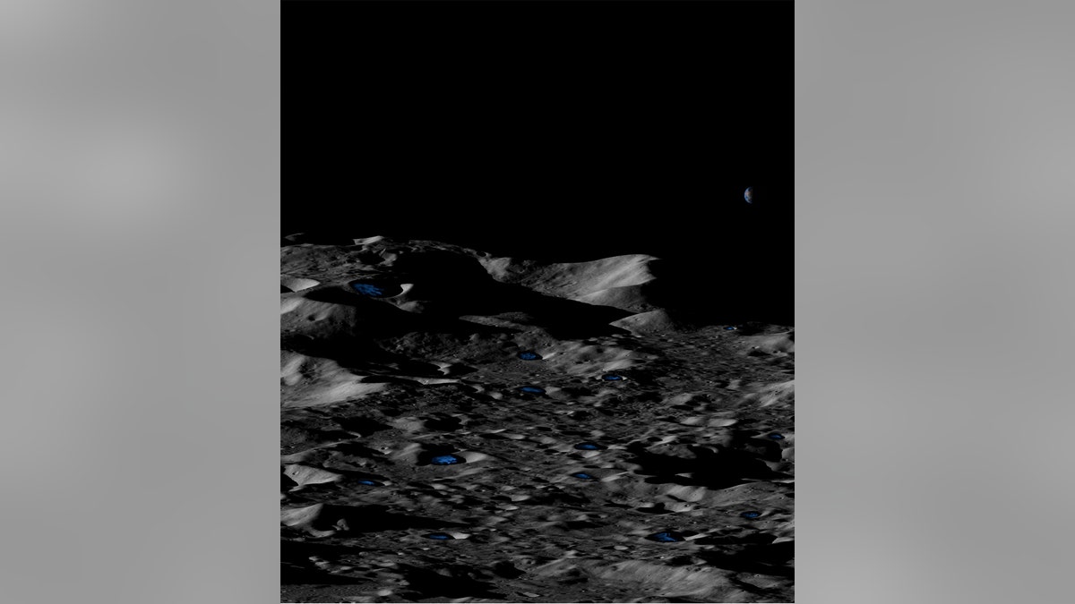 Conceptual illustration of permanently shadowed, shallow icy craters near the lunar south pole. (Credit: UCLA/NASA)