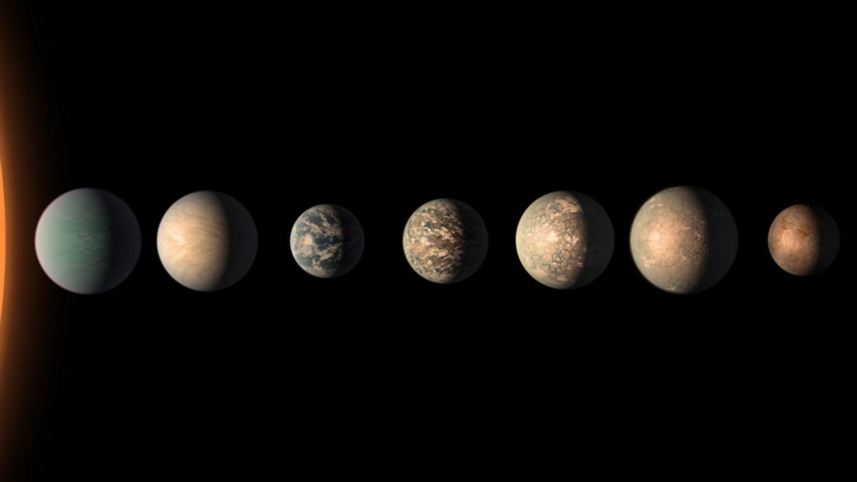 This artist's concept shows what the TRAPPIST-1 planetary system may look like, based on available data about the planets' diameters, masses and distances from the host star, as of February 2018. 3 of the 7 exoplanets are in the 'habitable zone', where liquid water is possible. (Credit: NASA/JPL-Caltech)