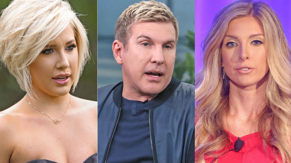 Savannah Chrisley, left, is pictured alongside father Todd Chrisley and sister Lindsie Chrisley. Savannah says she will will "never forgive" Lindsie for accusing the "Chrisley Knows Best" patriarch of extorting her with a sex video of her and "Bachelorette" star Robby Hayes that Savannah says doesn't even exist.