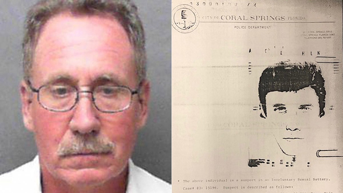 Mugshot from 2017 for Timothy Norris, 60. He was charged Friday with raping a woman in Coral Springs, Fla., in 1983. Photo right shows a 1983 flyer of the suspect in that case.