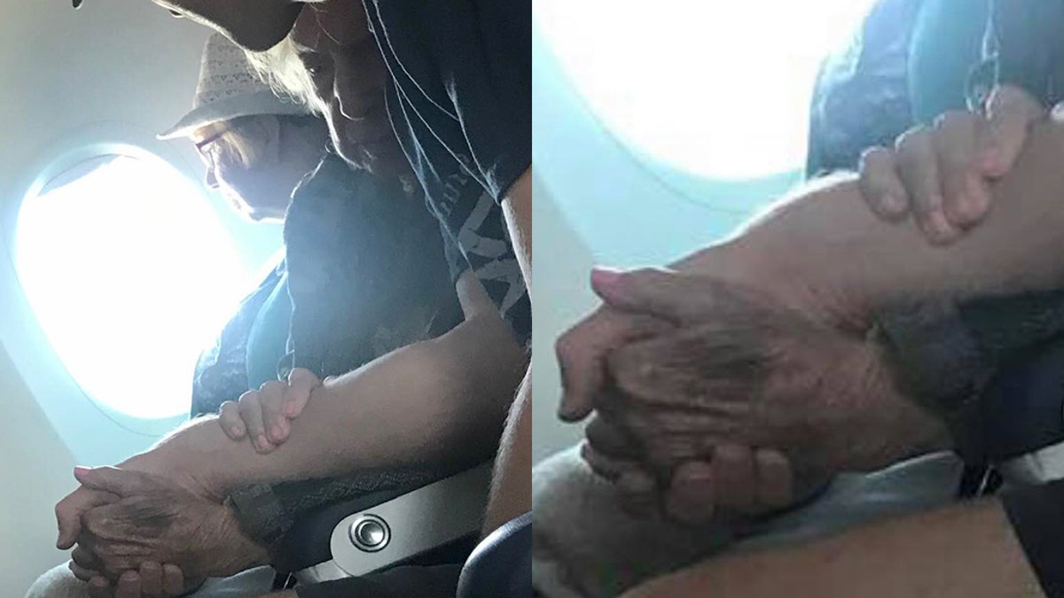 A man is being praised as a “flight angel” after comforting a 96-year-old woman who was nervous about flying by herself for the first time in 15 years.