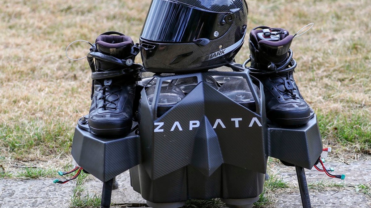 The jet-powered hover-board used by French inventor Franky Zapata to cross the English Channel to Dover on Sunday, Aug. 4, 2019. (Steve Parsons/PA via AP)
