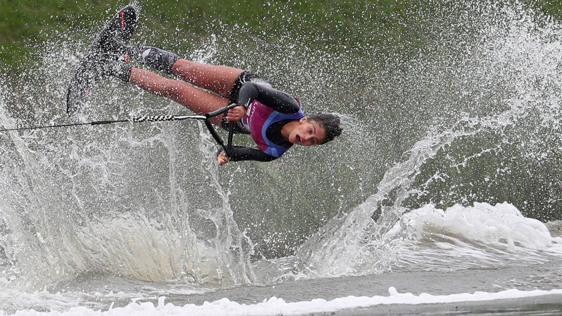 Luisa Jaramillo, of Colombia, competes in the women's tricks waterski final at the Pan American Games in Lima, Peru, July 29, 2019.