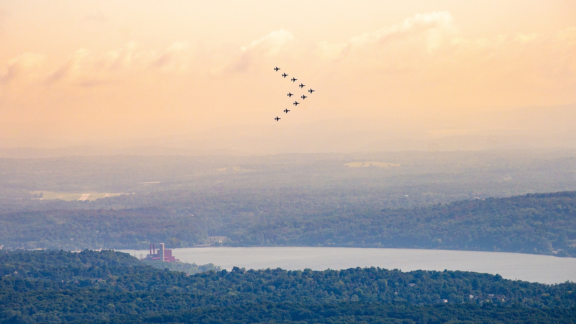 The Royal Air Force Red Arrows fly over the U.S. Military Academy in West Point, New York, Aug. 22, 2019. 