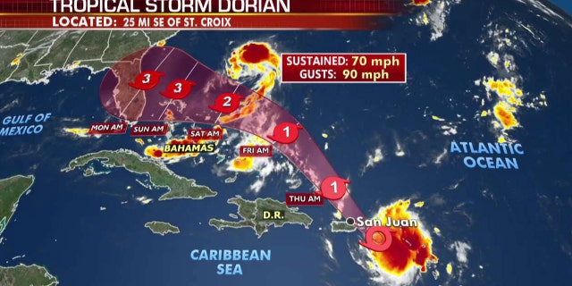 The forecast track of Tropical Storm Dorian.