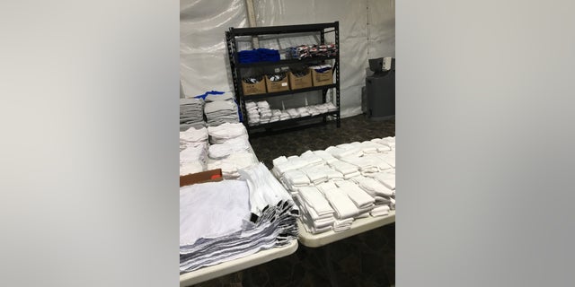 Bedding and other items are seen in a new migrant holding facility at the Tornillo Port of Entry in Texas. (Charlie Lapastora/Fox News)