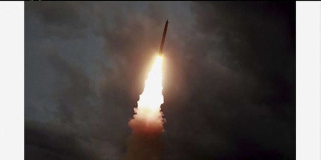 This image made from video of a still image broadcasted by North Korea's KRT on Thursday, Aug. 1, 2019, shows a rocket soaring during a test in North Korea. North Korea said Thursday, Aug. 1, leader Kim Jong Un supervised the first test firing of a new multiple rocket launcher system that could potentially enhance its ability to strike targets in South Korea and U.S. military bases there.