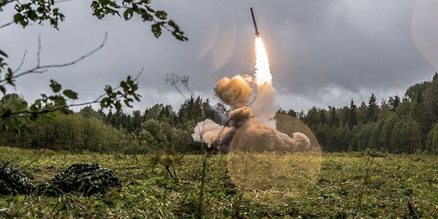 This undated file photo provided Tuesday, Sept. 19, 2017, by Russian Defense Ministry official web site shows a Russian Iskander-K missile launched during a military exercise at a training ground at the Luzhsky Range, near St. Petersburg, Russia. (Associated Press)