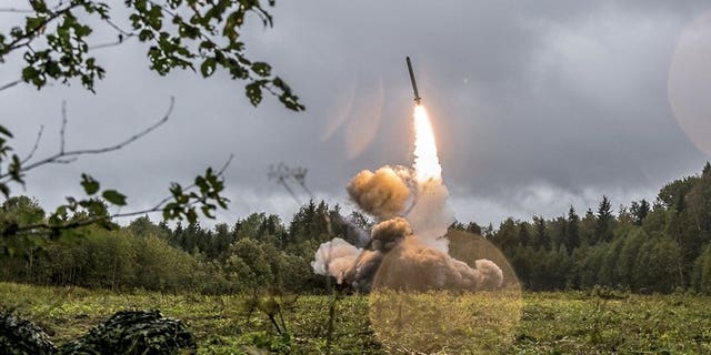 This undated file photo provided Tuesday, Sept. 19, 2017, by Russian Defense Ministry official web site shows a Russian Iskander-K missile launched during a military exercise at a training ground at the Luzhsky Range, near St. Petersburg, Russia. (Associated Press)