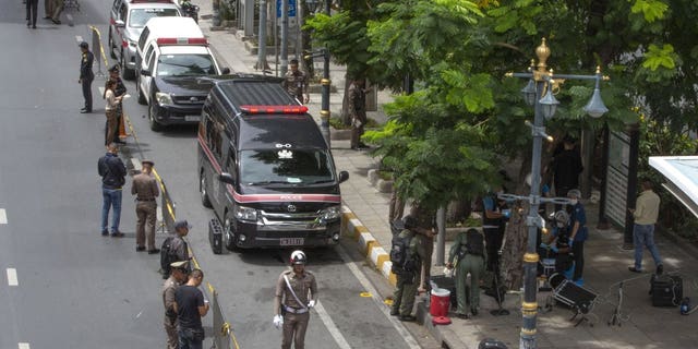 Thai investigators cordon-off an area in which an explosion injured people in Bangkok, Thailand, Friday, Aug. 2, 2019. Thai Prime Minister Prayuth Chan-o-cha on Friday ordered an investigation into several small bombings in Bangkok that took place as Thailand was hosting a high-level meeting attended by U.S. Secretary of State Mike Pompeo and his counterparts from China and several Asia-Pacific countries.
