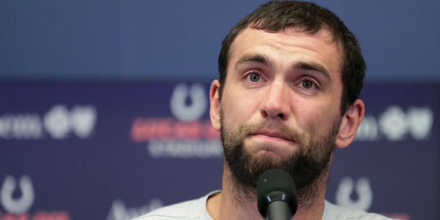 Indianapolis Colts quarterback Andrew Luck speaks during a news conference following the team's NFL preseason football game against the Chicago Bears, Saturday, Aug. 24, 2019, in Indianapolis. The oft-injured star is retiring at age 29.