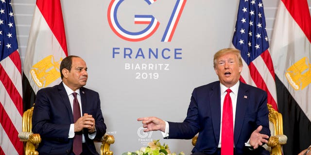 President Donald Trump and Egyptian President Abdel Fattah al-Sisi, left, participate in a bilateral meeting at the G-7 summit in Biarritz, France, Monday, Aug. 26, 2019. (AP Photo/Andrew Harnik)