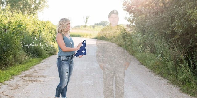 Julia Yllescas stands next to a faint image of her father, Robert, who died after an IED attack in 2008 in Afghanistan. She had his image added to her graduation photos to honor his memory.