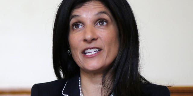 Maine House Speaker Sara Gideon, D-Freeport, speaks to reporters in her office at the State House in Augusta, Maine, May 5, 2018. Gideon announced Monday, June 24, 2019, that she will challenge longtime Republican U.S. Sen. Susan Collins in 2020. (Associated Press)