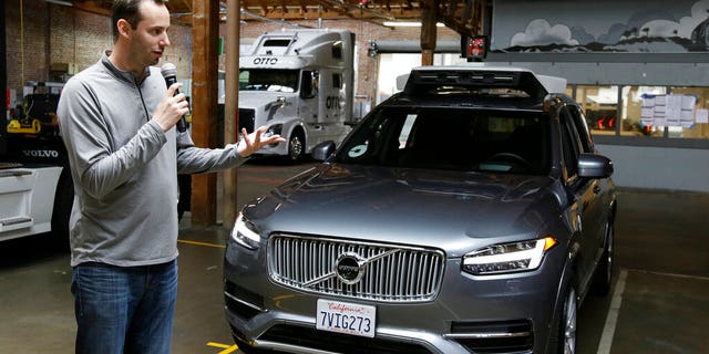 In this Dec. 13, 2016, file photo, Anthony Levandowski, seen here in 2016 speaking about Uber's driverless car in San Francisco, was charged with stealing closely guarded secrets that he later sold to Uber.