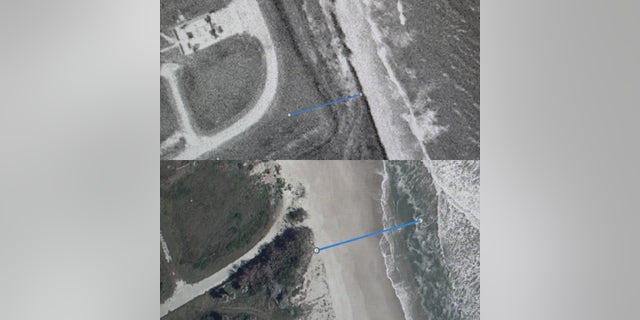 Models project that the ocean near Cape Canaveral’s coastline will rise between five to eight inches by the 2050s. The top photo shows the distance between a launch site and the coastline during the 1960's. The bottom photo shows the current proximity of the coastline to the same historic launch site.
