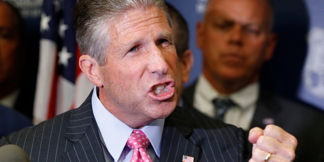 Patrick J. Lynch, president of the Patrolmen's Benevolent Association of the City of New York, gestures while he speaks during a press conference regarding Officer Daniel Pantaleo, Friday, Aug. 2, 2019, in New York. ( (AP Photo/Kathy Willens)