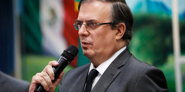 Mexican Foreign Minister Marcelo Ebrard speaks during a news conference Monday, Aug. 5, 2019, on the mass shooting at a shopping complex in El Paso, Texas. (AP Photo/John Locher)