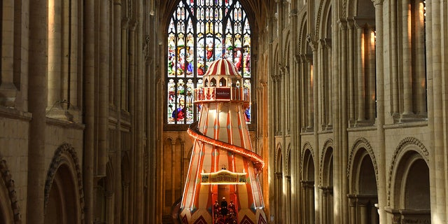 A large helter-skelter is installed inside Norwich Cathedral, in Norwich, England as part of the 'Seeing It Differently' project which aims to give people the chance to experience the Cathedral in an entirely new way and open up conversations about faith, Thursday Aug. 8, 2019. 