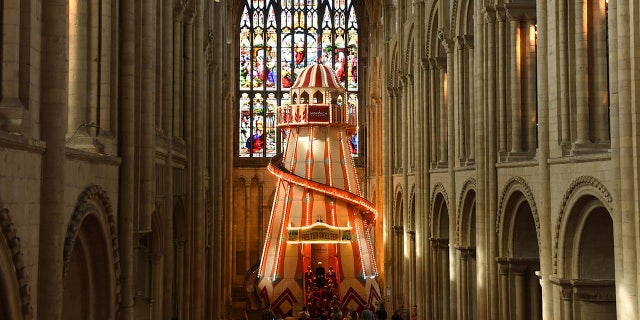 A large helter-skelter is installed inside Norwich Cathedral, in Norwich, England as part of the 'Seeing It Differently' project which aims to give people the chance to experience the Cathedral in an entirely new way and open up conversations about faith, Thursday Aug. 8, 2019.