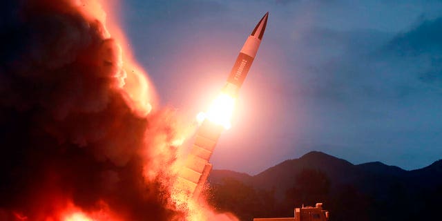 This Saturday, Aug. 10, 2019, photo provided by the North Korean government, shows what it says is the launch of a short-range ballistic missile from the east coast of North Korea.
