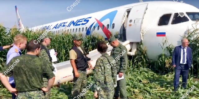 In this file image taken from a video distributed by Russian Investigative Committee, Investigative Committee employees work at the crash site of a Russian Ural Airlines' A321 plane is seen after an emergency landing in a cornfield near Ramenskoye, outside Moscow, Russia, Thursday, Aug. 15, 2019.