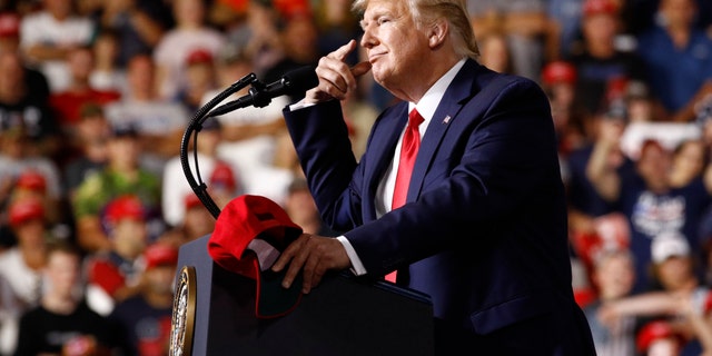 President Donald Trump speaks at a campaign rally, Thursday, Aug. 15, 2019, in Manchester, N.H. (Associated Press)