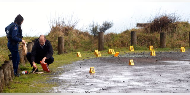 Police collect and photograph evidence in the carpark of the Te Toto Gorge lookout on Whaanga Rd, south of Raglan, New Zealand, Friday, Aug. 16, 2019.