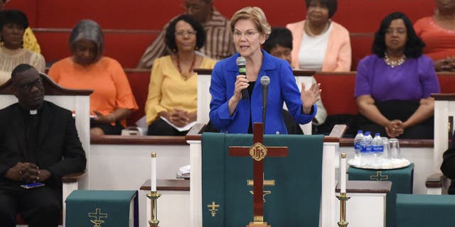Democratic presidential hopeful Elizabeth Warren addresses congregants at Reid Chapel AME Church on Sunday, Aug. 18, 2019, in Columbia, S.C. (AP Photo/Meg Kinnard)