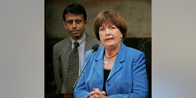 Former Louisiana Gov. Kathleen Blanco addressing a news conference as Gov. Bobby Jindal looked on, in June 2009. (AP Photo/Bill Haber, File)