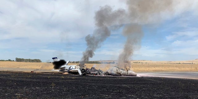 The scene where a jet fired after breaking off Wednesday at Oroville, California (California Highway Patrol via AP)