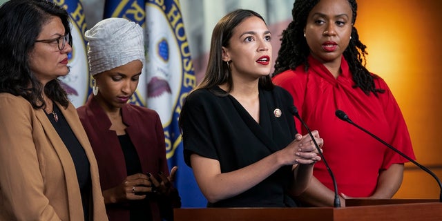 Members of the far-left "Squad" pictured in 2019, from left, Rep. Rashida Tlaib, D-Mich., Rep. Ilhan Omar, D-Minn., Rep. Alexandria Ocasio-Cortez, D-N.Y., and Rep. Ayanna Pressley, D-Mass. 