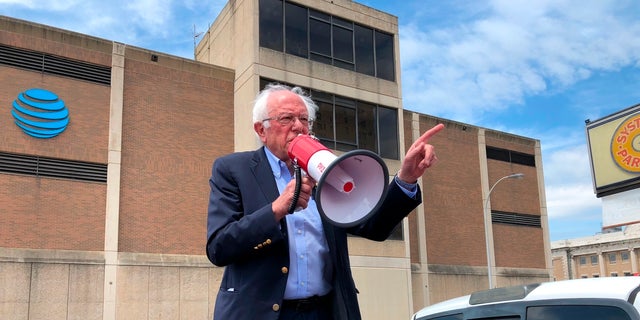 Bernie Sanders speaks to striking telecommunications workers Sunday in Louisville. (AP Photo / Bruce Schreiner)