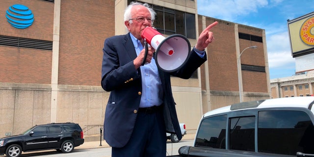 Bernie Sanders speaks to striking telecommunications workers Sunday in Louisville. (AP Photo / Bruce Schreiner)