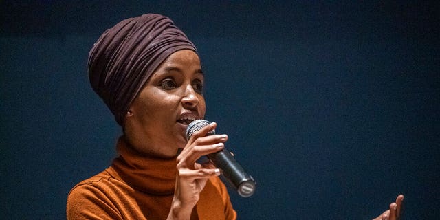 Rep. Ilhan Omar speaks at a town hall in South Minneapolis on Aug. 27, 2019.