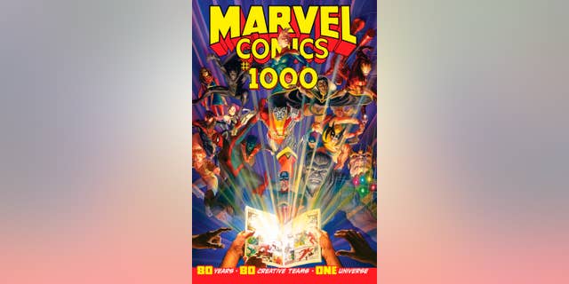 This image provided by Marvel Comics shows the cover of Marvel Comics #1000, the publisher’s 80th-anniversary issue. (Alex Ross/Marvel Comics via AP)
