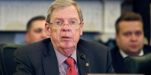 Sen. Johnny Isakson, R-Ga., speaks during a hearing of the Senate Committee on Veterans' Affairs, on Capitol Hill in 2018. (AP Photo/Alex Brandon)