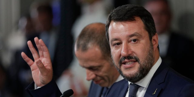 The League party leader Matteo Salvini talks to journalists after meeting with Italian President Sergio Mattarella at Rome's Quirinale presidential palace, Wednesday, Aug. 28, 2019.