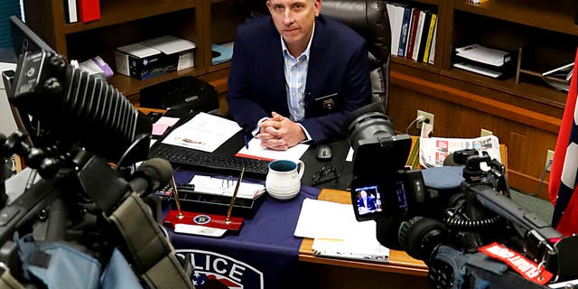 In this Thursday, Aug. 29, 2019, photo, acting Fort Smith, Ark., Police Chief Danny Baker answers questions during a news conference at the police department in Fort Smith.