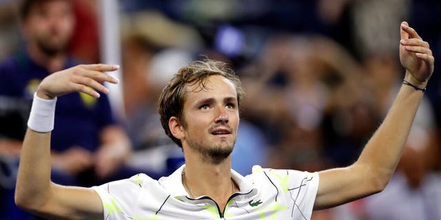 Daniil Medvedev, of Russia, looks up into the stadium after defeating Feliciano Lopez, of Spain, during the third round of the U.S. Open tennis tournament early Saturday, Aug. 31, 2019, in New York.