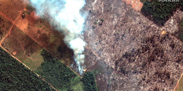 Fires burning in the State of Rondonia, Brazil, in the upper Amazon River basin. Brazil's National Institute for Space Research, a federal agency monitoring deforestation and wildfires, said the country has seen a record number of wildfires this year, an 84 percent increase compared to the same period last year.