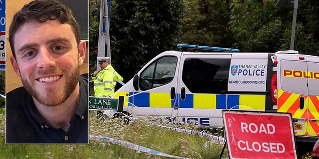A police investigator at the scene of an incident where a police officer was killed, near Sulhamstead, England, Friday. (Steve Parsons/PA via AP)
