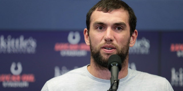 Indianapolis Colts quarterback Andrew Luck speaks during a news conference following the team's NFL preseason football game against the Chicago Bears, Saturday, Aug. 24, 2019, in Indianapolis. The oft-injured star is retiring at age 29. (AP Photo/Michael Conroy)