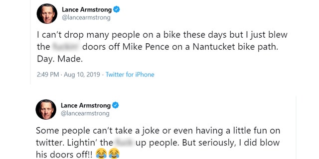 Lance Armstrong tweeted he passed Vice President Mike Pence on a bike path in Nantucket, Mass., on Saturday.